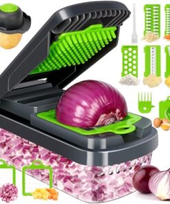 Yusshn Vegetable Chopper,12-in-1 Multifunctional Food Chopper,Professional Onion Chopper with 7 Blades,Vegetable Cutter with Container for Salad,Potato,Carrot,and Garlic; Essential Kitchen Tool(Grey)